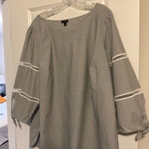Talbots Grey and White Pinstripe Tunic with Lace-Inset Sleeves